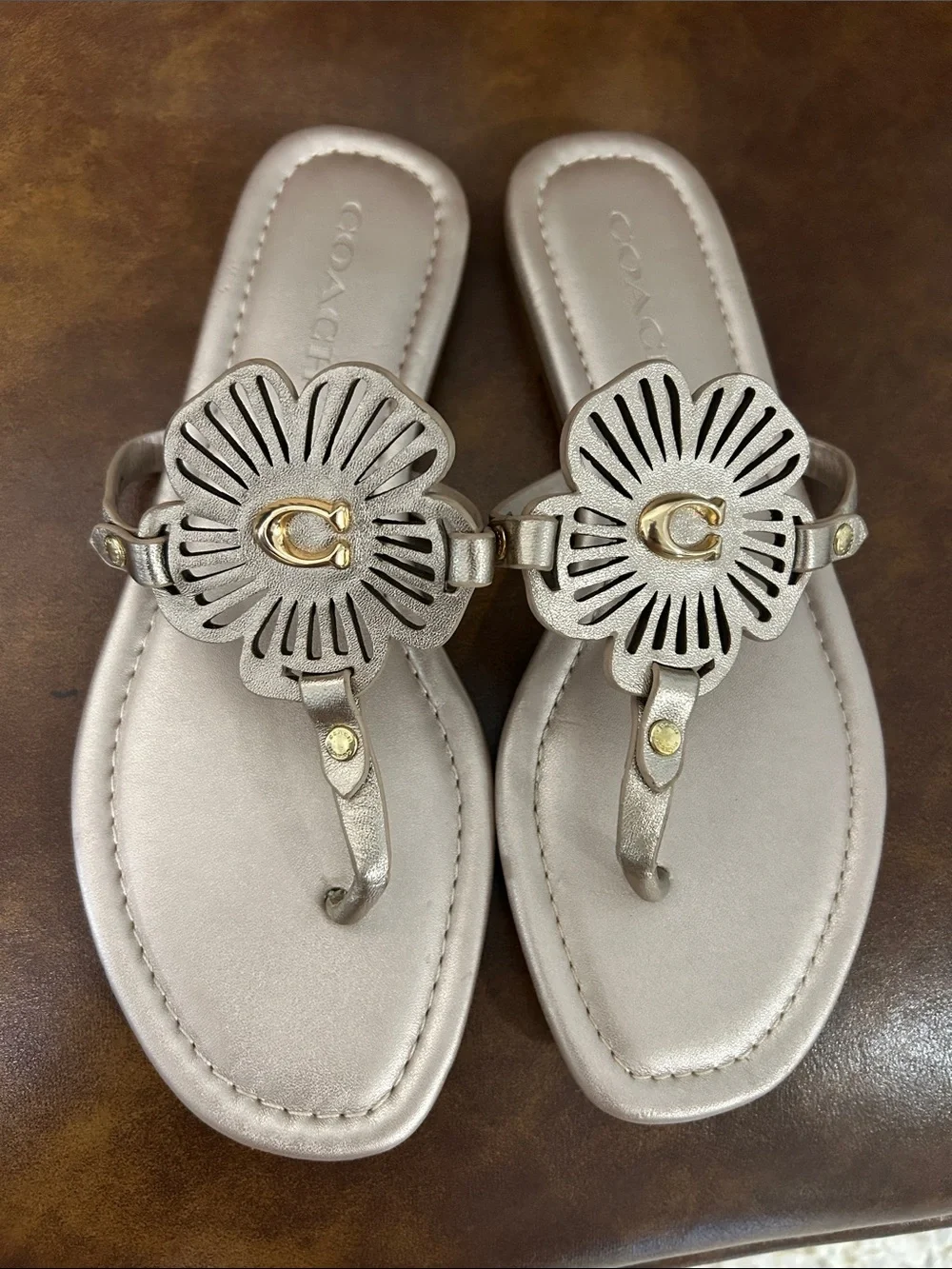 Coach Metallic Champagne Floral Medallion Thong Sandals